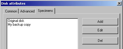 Specimens in disk property dialog