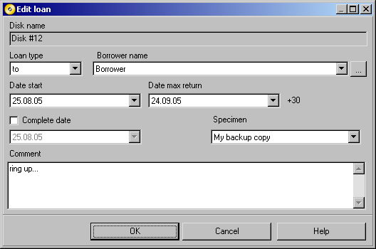 Specimens in loan record
