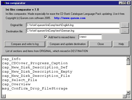 Ini files comparator screenshot